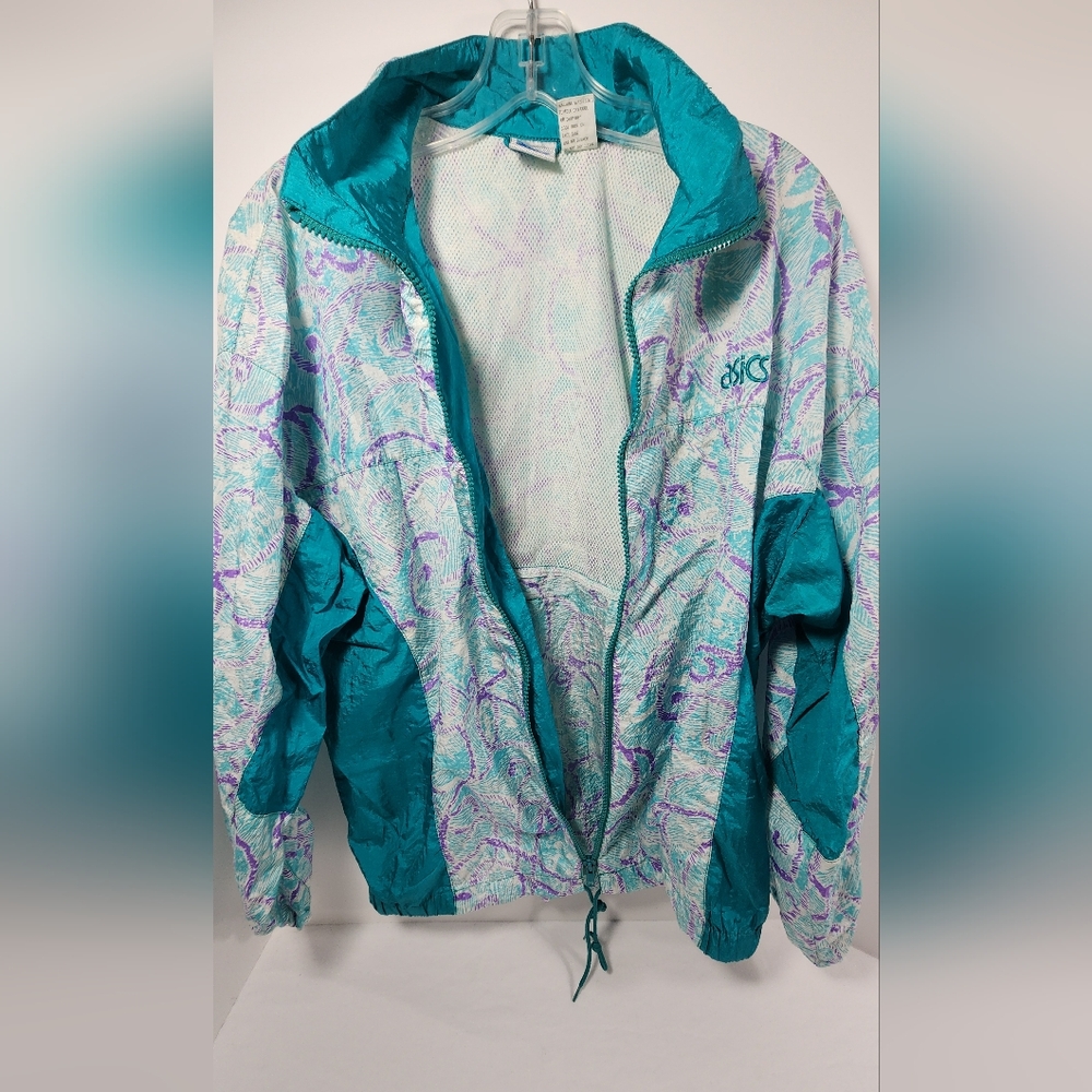 VINTAGE ASICS Womens Lightweight Windbreaker Running Full-Zip Large Green Tribal - Picture 4 of 11